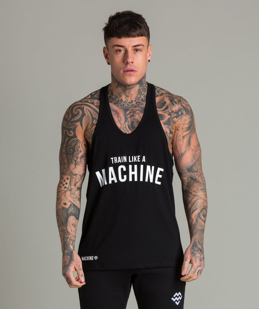 Train Like A Machine Tech Fabric Stringer Vest (Black/White) - Machine Fitness