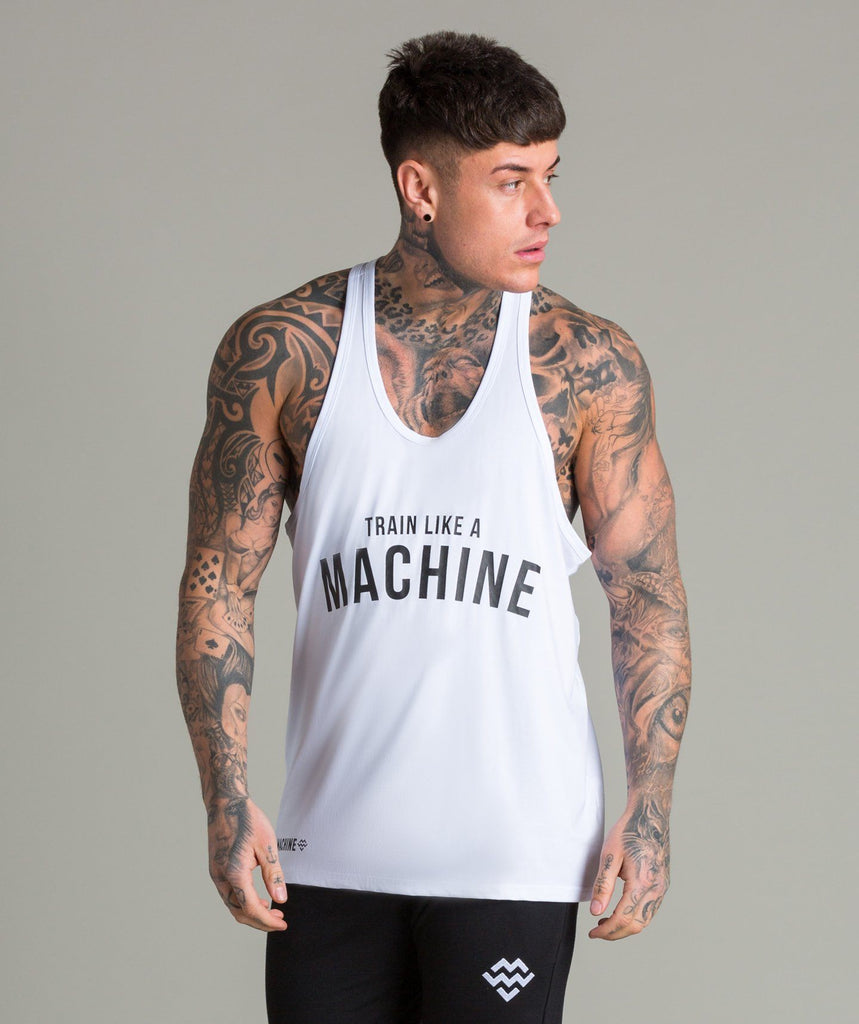 Train Like A Machine Tech Fabric Stringer Vest (White) - Machine Fitness