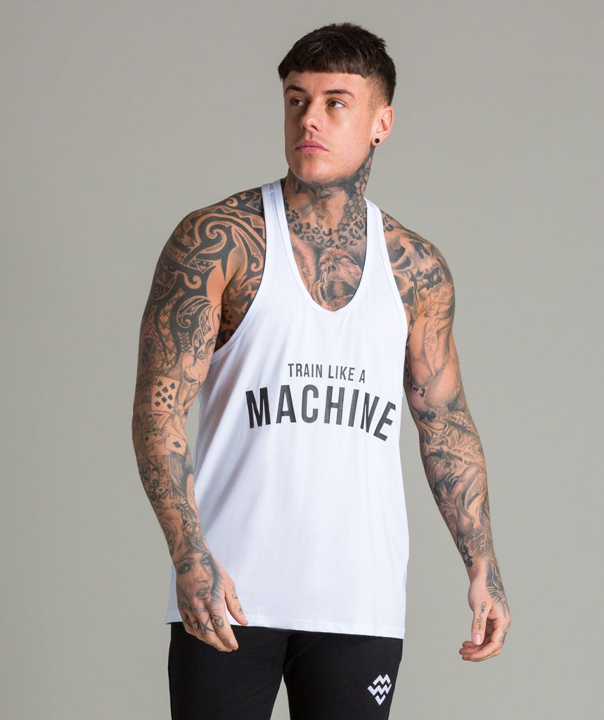 Train Like A Machine Tech Fabric Stringer Vest (White) - Machine Fitness